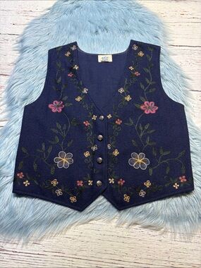 Vintage Pasta Wool Embroidered Floral Navy Button-Up Vest sz S